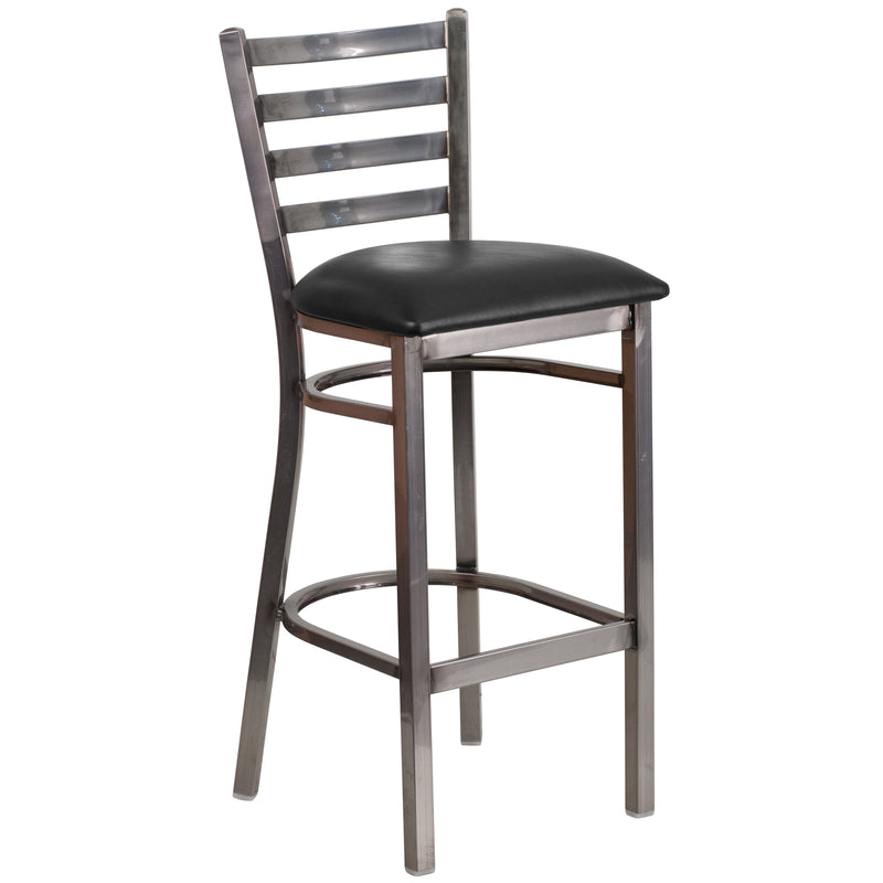 SINGLEWAVE Series Clear Coated Ladder Back Metal Restaurant Barstool - Black Vinyl Seat