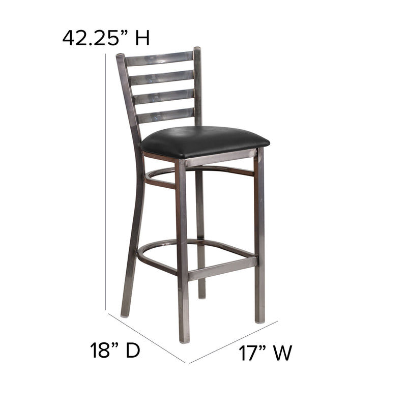 SINGLEWAVE Series Clear Coated Ladder Back Metal Restaurant Barstool - Black Vinyl Seat