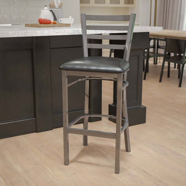 SINGLEWAVE Series Clear Coated Ladder Back Metal Restaurant Barstool - Black Vinyl Seat