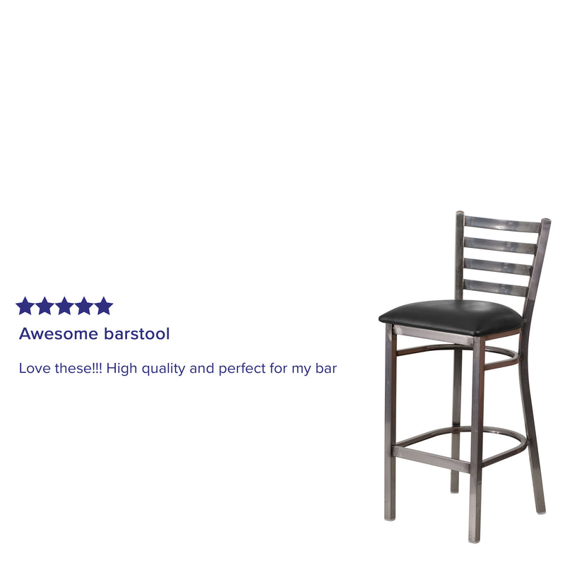 SINGLEWAVE Series Clear Coated Ladder Back Metal Restaurant Barstool - Black Vinyl Seat