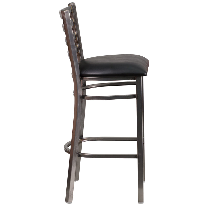 SINGLEWAVE Series Clear Coated Ladder Back Metal Restaurant Barstool - Black Vinyl Seat