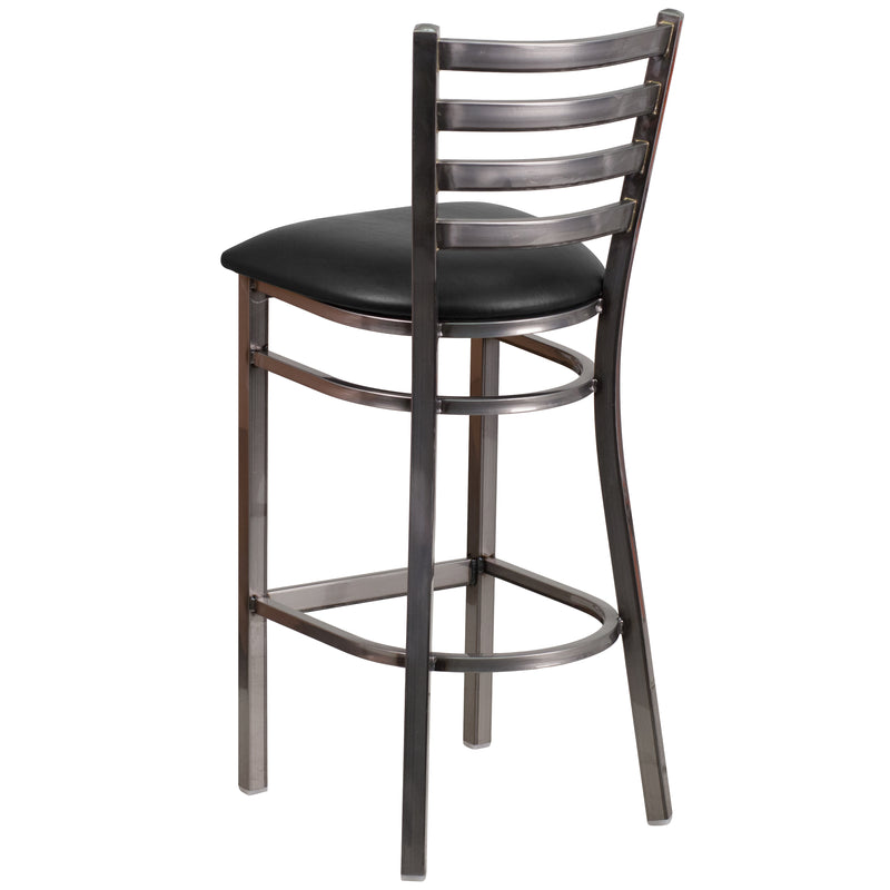 SINGLEWAVE Series Clear Coated Ladder Back Metal Restaurant Barstool - Black Vinyl Seat