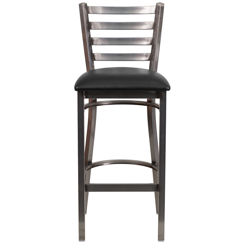 SINGLEWAVE Series Clear Coated Ladder Back Metal Restaurant Barstool - Black Vinyl Seat