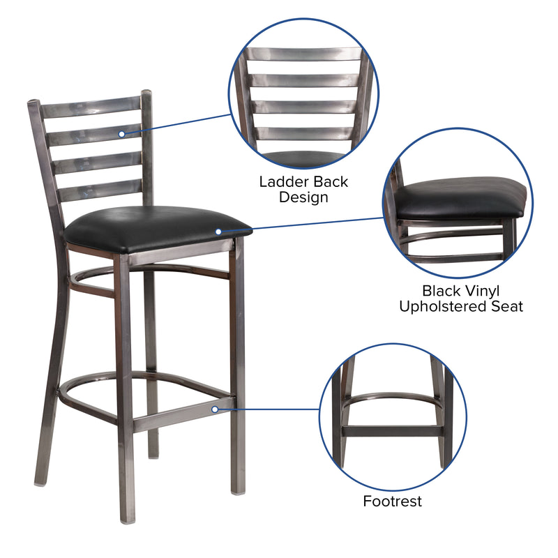 SINGLEWAVE Series Clear Coated Ladder Back Metal Restaurant Barstool - Black Vinyl Seat