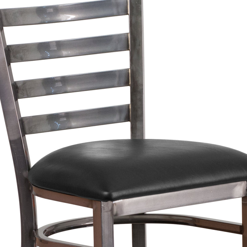 SINGLEWAVE Series Clear Coated Ladder Back Metal Restaurant Barstool - Black Vinyl Seat