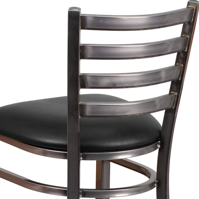 SINGLEWAVE Series Clear Coated Ladder Back Metal Restaurant Barstool - Black Vinyl Seat