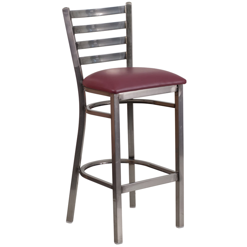 SINGLEWAVE Series Clear Coated Ladder Back Metal Restaurant Barstool - Burgundy Vinyl Seat