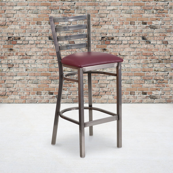 SINGLEWAVE Series Clear Coated Ladder Back Metal Restaurant Barstool - Burgundy Vinyl Seat