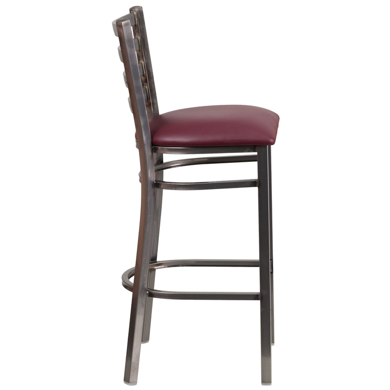 SINGLEWAVE Series Clear Coated Ladder Back Metal Restaurant Barstool - Burgundy Vinyl Seat