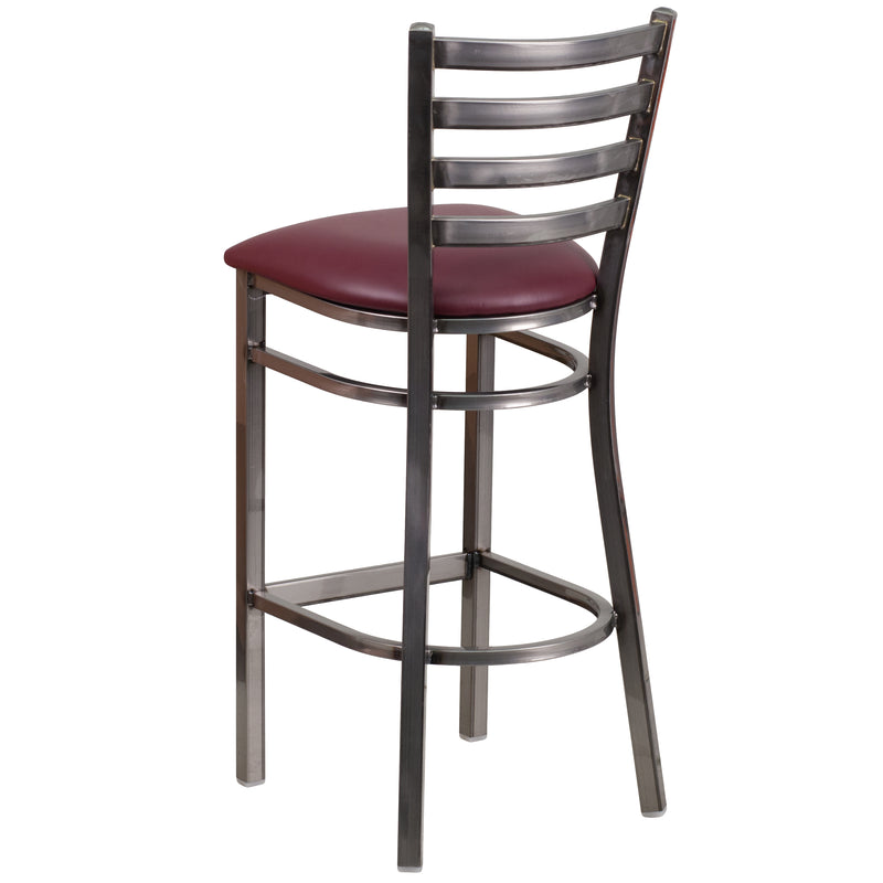 SINGLEWAVE Series Clear Coated Ladder Back Metal Restaurant Barstool - Burgundy Vinyl Seat