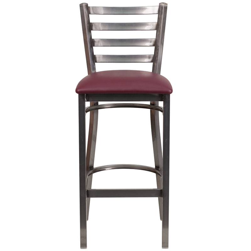 SINGLEWAVE Series Clear Coated Ladder Back Metal Restaurant Barstool - Burgundy Vinyl Seat