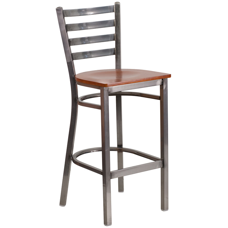 SINGLEWAVE Series Clear Coated Ladder Back Metal Restaurant Barstool - Cherry Wood Seat