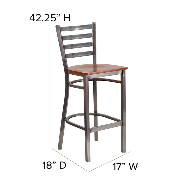 SINGLEWAVE Series Clear Coated Ladder Back Metal Restaurant Barstool - Cherry Wood Seat