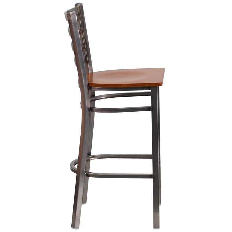 SINGLEWAVE Series Clear Coated Ladder Back Metal Restaurant Barstool - Cherry Wood Seat