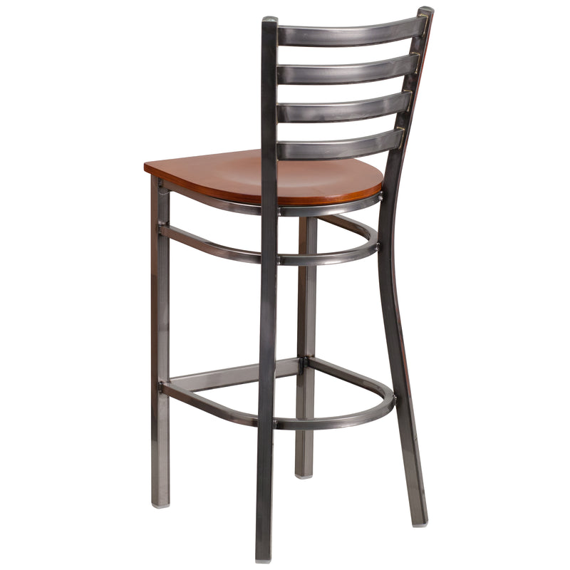 SINGLEWAVE Series Clear Coated Ladder Back Metal Restaurant Barstool - Cherry Wood Seat