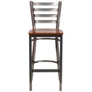 SINGLEWAVE Series Clear Coated Ladder Back Metal Restaurant Barstool - Cherry Wood Seat