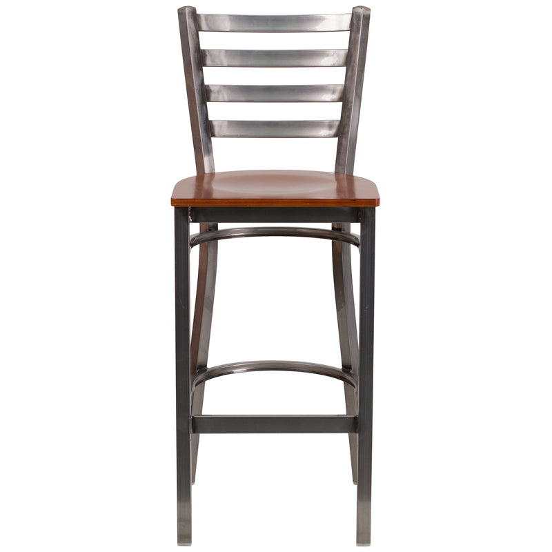 SINGLEWAVE Series Clear Coated Ladder Back Metal Restaurant Barstool - Cherry Wood Seat