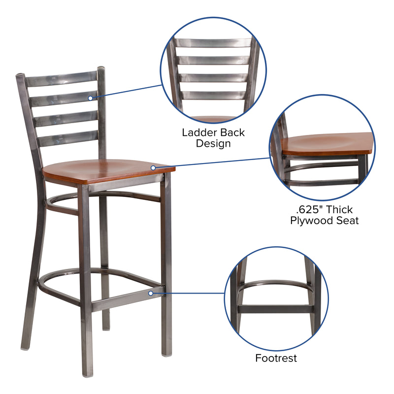 SINGLEWAVE Series Clear Coated Ladder Back Metal Restaurant Barstool - Cherry Wood Seat