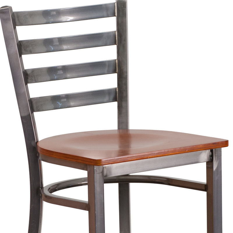 SINGLEWAVE Series Clear Coated Ladder Back Metal Restaurant Barstool - Cherry Wood Seat