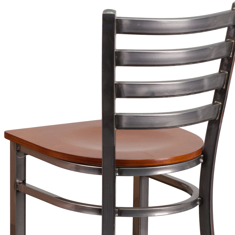 SINGLEWAVE Series Clear Coated Ladder Back Metal Restaurant Barstool - Cherry Wood Seat