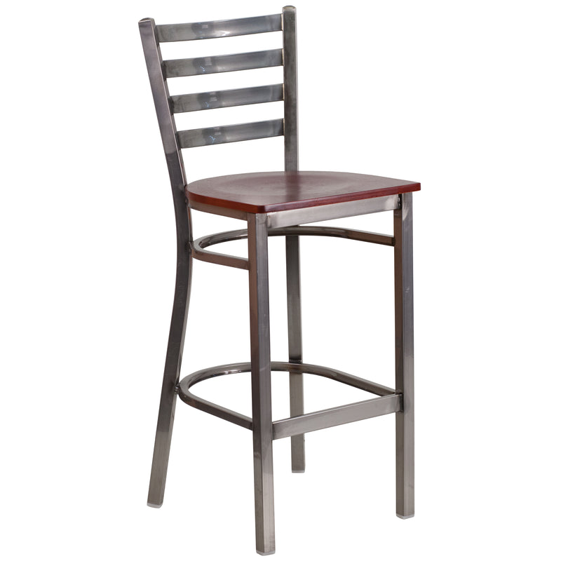 SINGLEWAVE Series Clear Coated Ladder Back Metal Restaurant Barstool - Mahogany Wood Seat