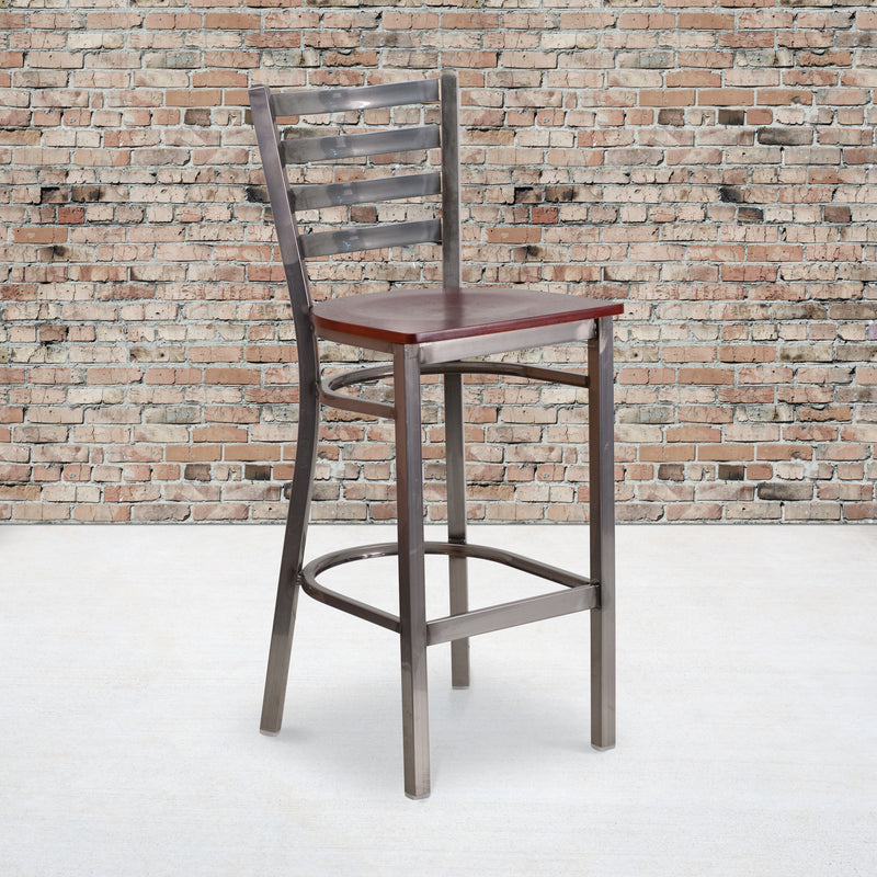 SINGLEWAVE Series Clear Coated Ladder Back Metal Restaurant Barstool - Mahogany Wood Seat