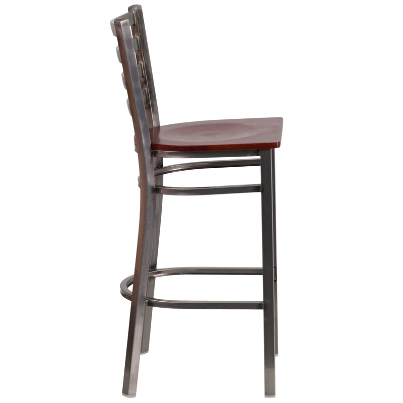 SINGLEWAVE Series Clear Coated Ladder Back Metal Restaurant Barstool - Mahogany Wood Seat