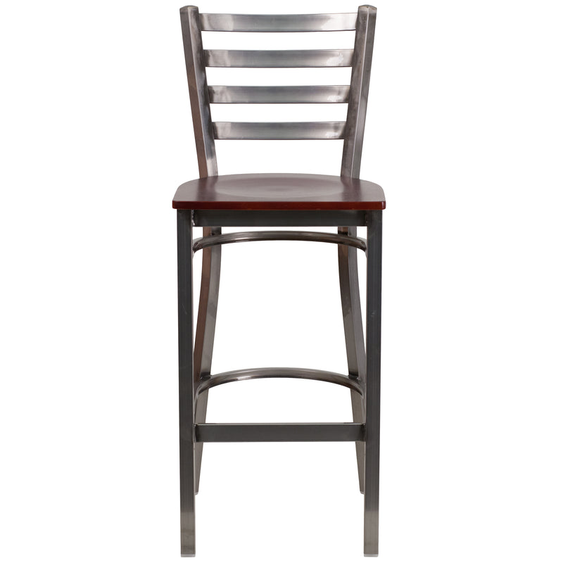 SINGLEWAVE Series Clear Coated Ladder Back Metal Restaurant Barstool - Mahogany Wood Seat