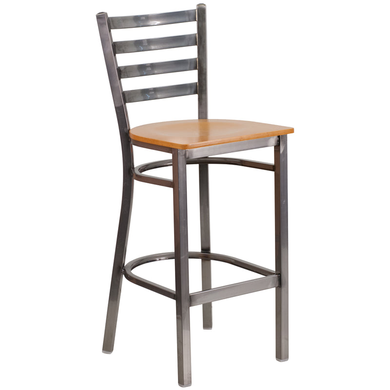 SINGLEWAVE Series Clear Coated Ladder Back Metal Restaurant Barstool - Natural Wood Seat