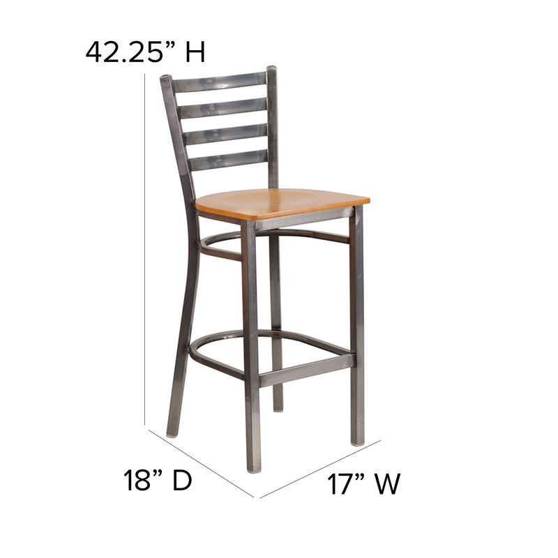 SINGLEWAVE Series Clear Coated Ladder Back Metal Restaurant Barstool - Natural Wood Seat