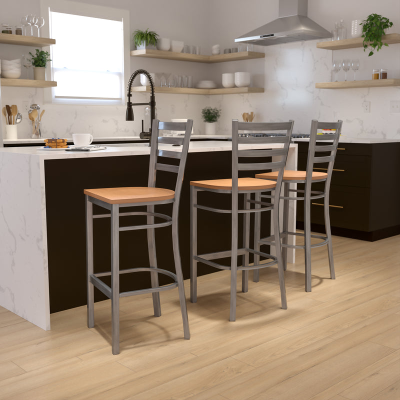 SINGLEWAVE Series Clear Coated Ladder Back Metal Restaurant Barstool - Natural Wood Seat