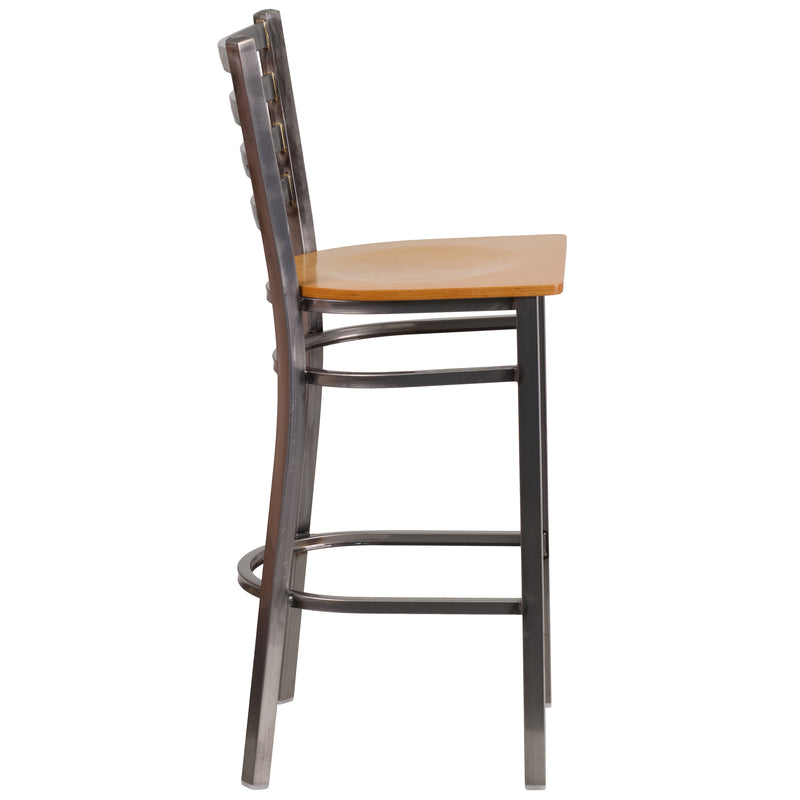 SINGLEWAVE Series Clear Coated Ladder Back Metal Restaurant Barstool - Natural Wood Seat