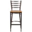 SINGLEWAVE Series Clear Coated Ladder Back Metal Restaurant Barstool - Natural Wood Seat