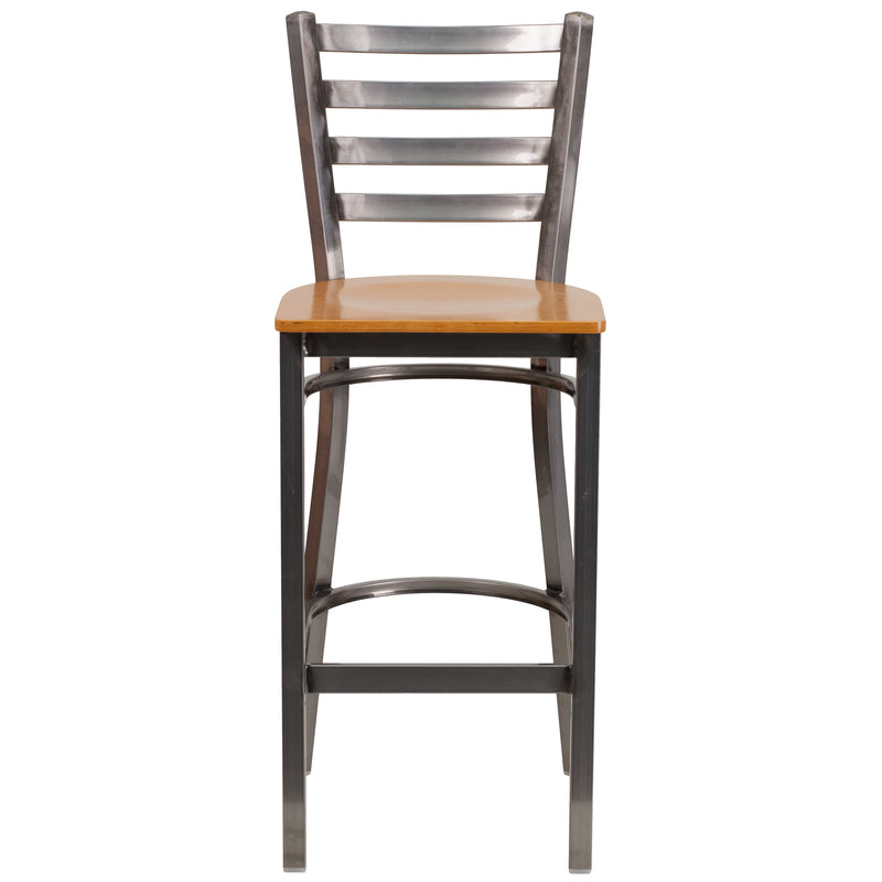 SINGLEWAVE Series Clear Coated Ladder Back Metal Restaurant Barstool - Natural Wood Seat