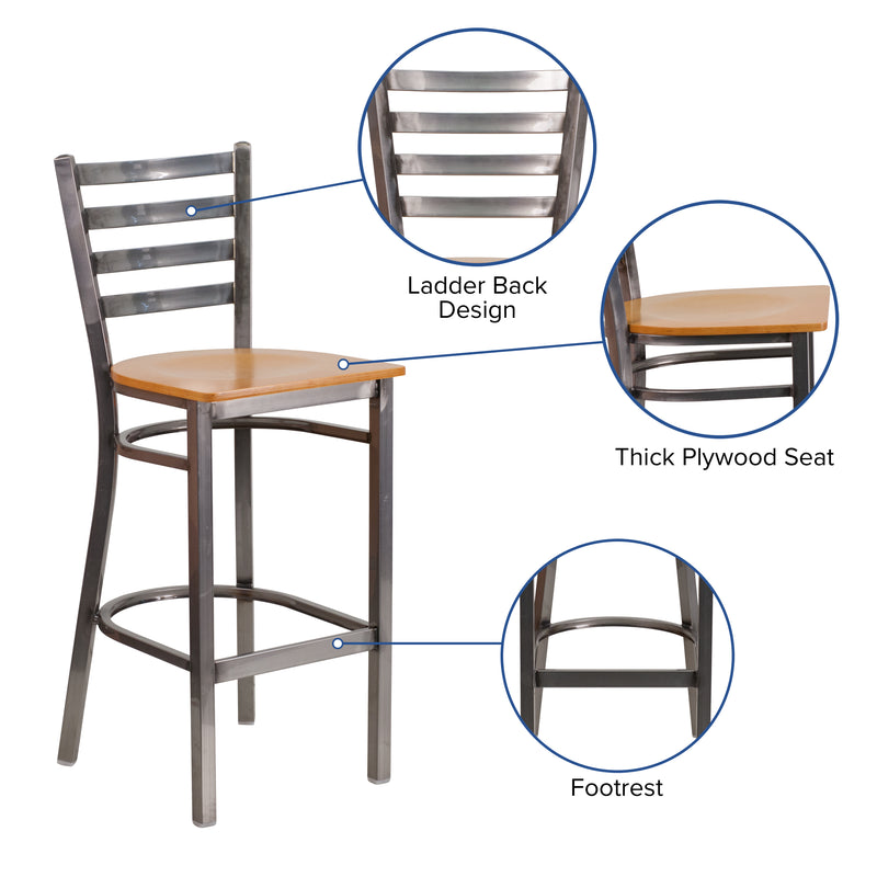 SINGLEWAVE Series Clear Coated Ladder Back Metal Restaurant Barstool - Natural Wood Seat