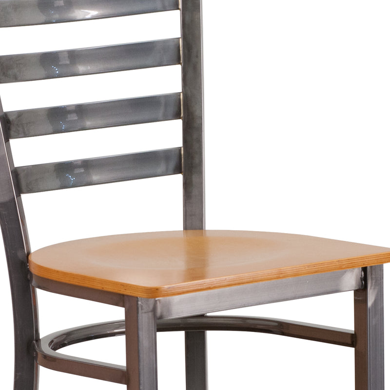 SINGLEWAVE Series Clear Coated Ladder Back Metal Restaurant Barstool - Natural Wood Seat