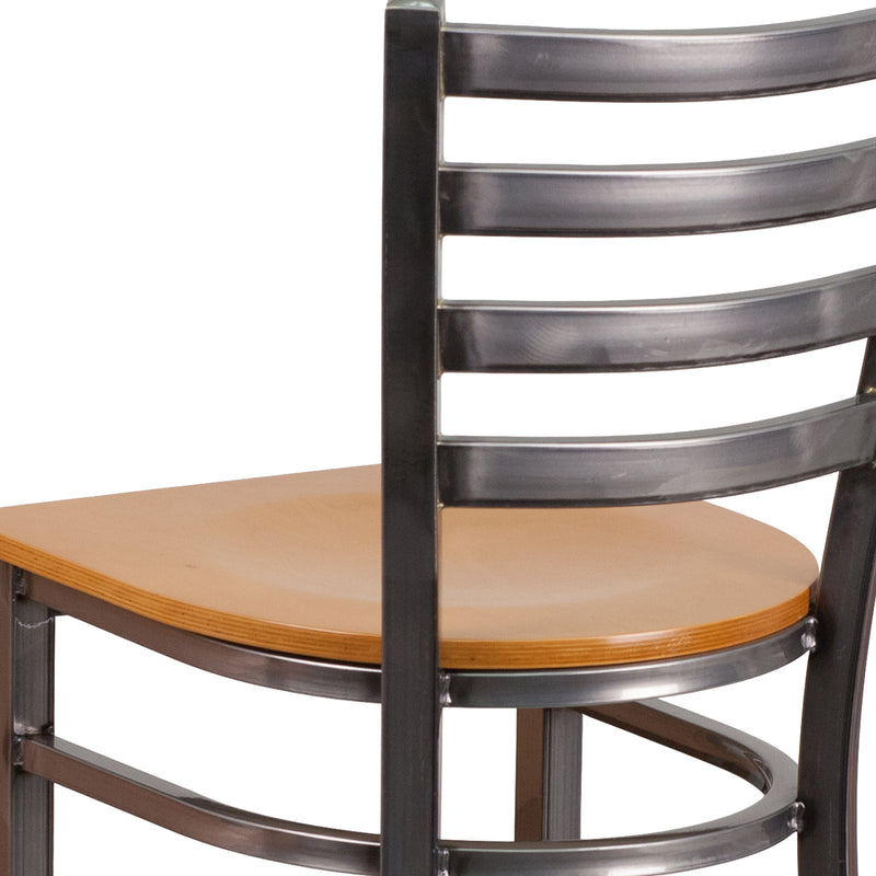 SINGLEWAVE Series Clear Coated Ladder Back Metal Restaurant Barstool - Natural Wood Seat