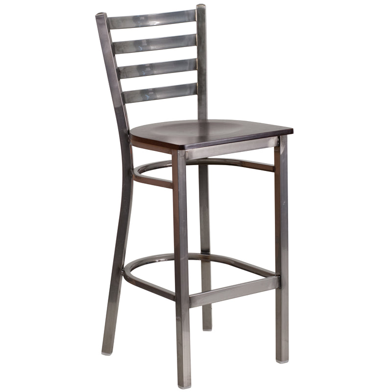 SINGLEWAVE Series Clear Coated Ladder Back Metal Restaurant Barstool - Walnut Wood Seat