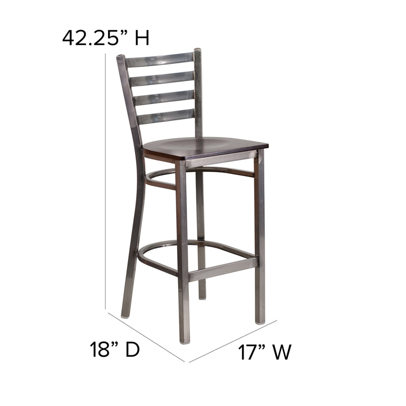 SINGLEWAVE Series Clear Coated Ladder Back Metal Restaurant Barstool - Walnut Wood Seat