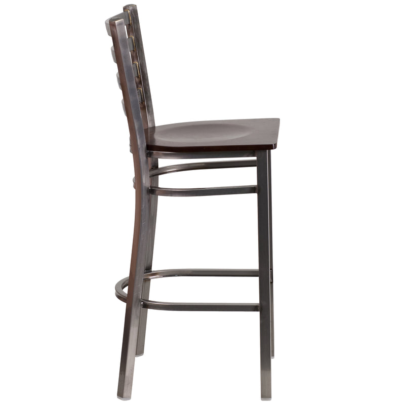 SINGLEWAVE Series Clear Coated Ladder Back Metal Restaurant Barstool - Walnut Wood Seat