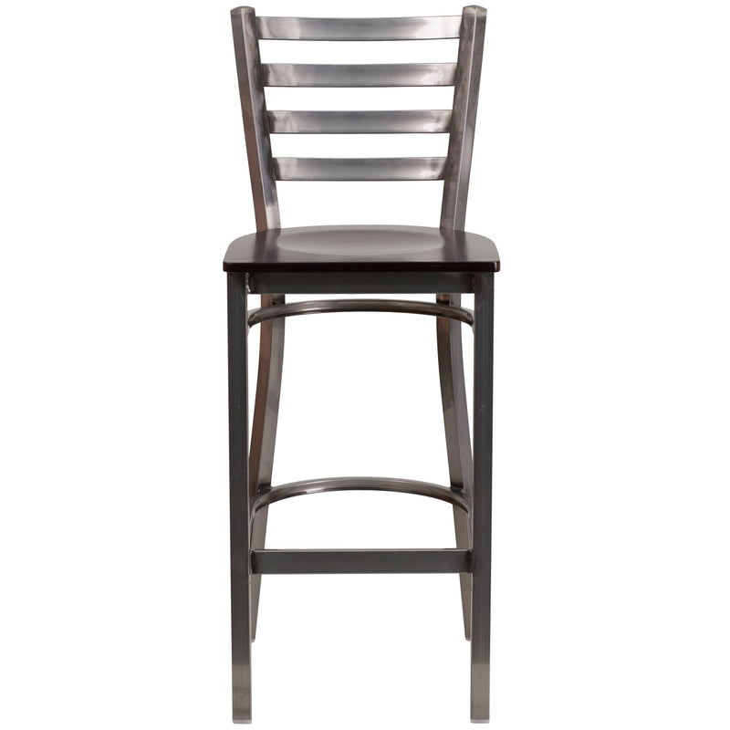 SINGLEWAVE Series Clear Coated Ladder Back Metal Restaurant Barstool - Walnut Wood Seat