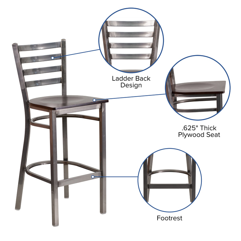 SINGLEWAVE Series Clear Coated Ladder Back Metal Restaurant Barstool - Walnut Wood Seat