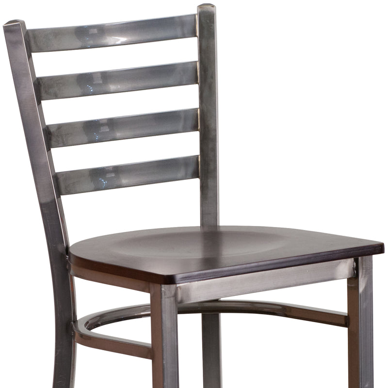 SINGLEWAVE Series Clear Coated Ladder Back Metal Restaurant Barstool - Walnut Wood Seat