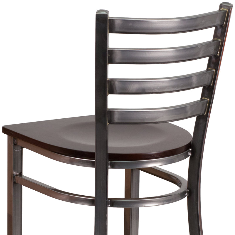 SINGLEWAVE Series Clear Coated Ladder Back Metal Restaurant Barstool - Walnut Wood Seat