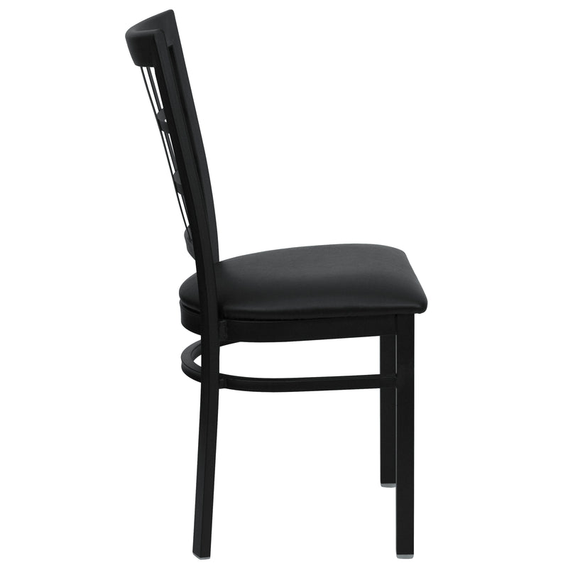 SINGLEWAVE Series Black Window Back Metal Restaurant Chair - Black Vinyl Seat