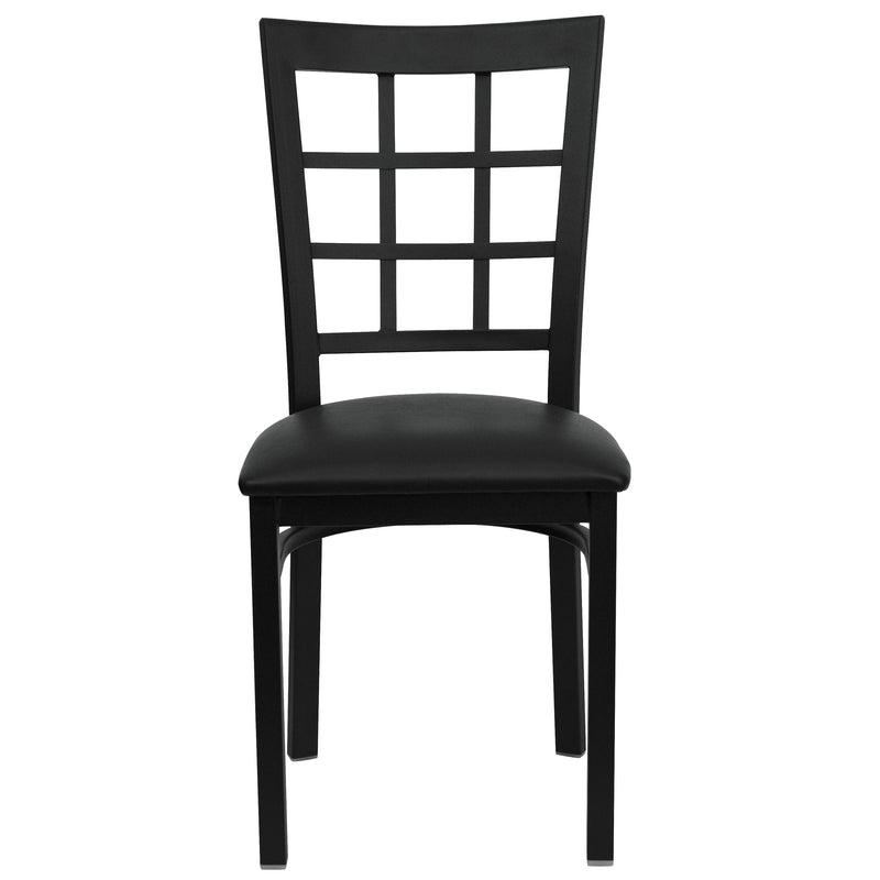 SINGLEWAVE Series Black Window Back Metal Restaurant Chair - Black Vinyl Seat