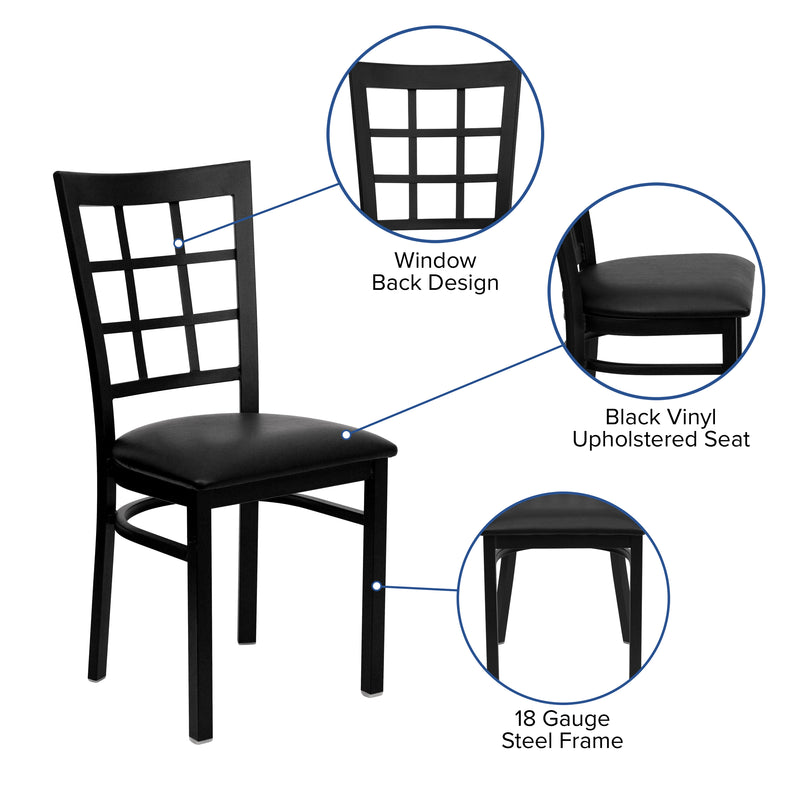 SINGLEWAVE Series Black Window Back Metal Restaurant Chair - Black Vinyl Seat