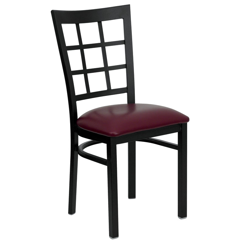 SINGLEWAVE Series Black Window Back Metal Restaurant Chair - Burgundy Vinyl Seat