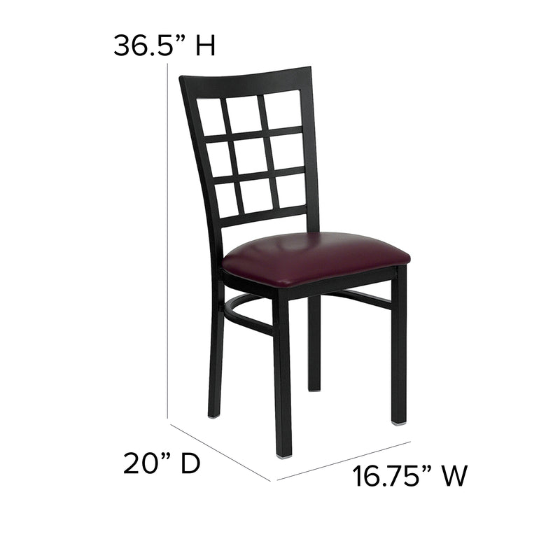 SINGLEWAVE Series Black Window Back Metal Restaurant Chair - Burgundy Vinyl Seat