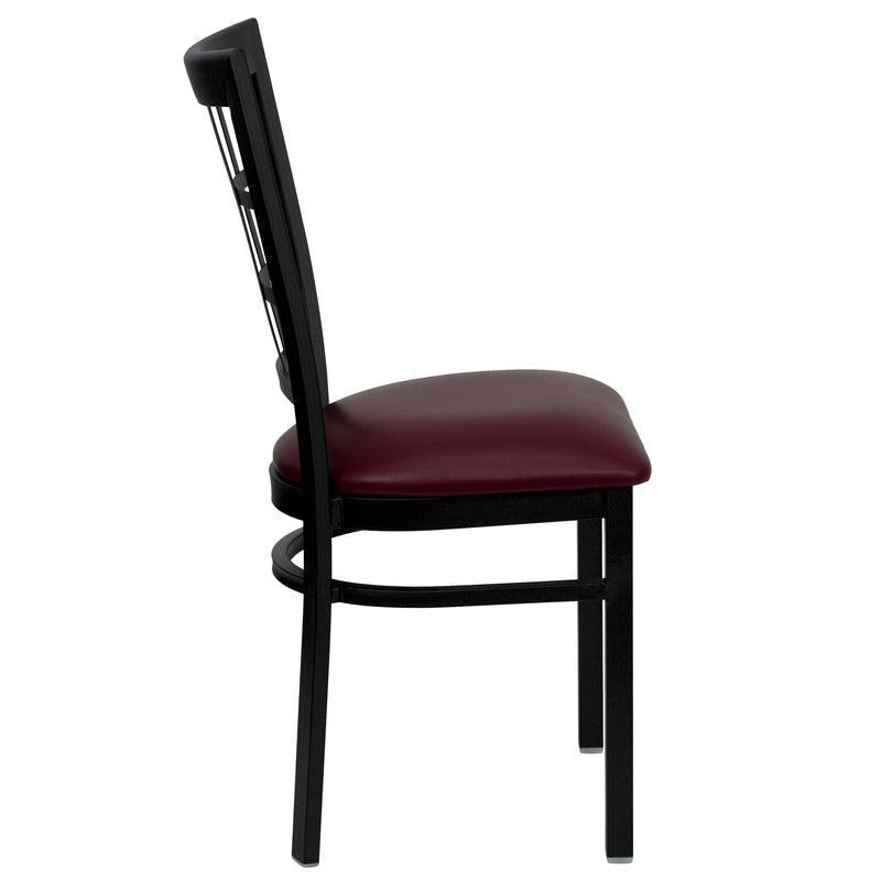 SINGLEWAVE Series Black Window Back Metal Restaurant Chair - Burgundy Vinyl Seat